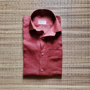 Terracotta Brick Red Pure Handloom Linen Full-Sleeve Casual Shirt for Men By Bhavyaloom
