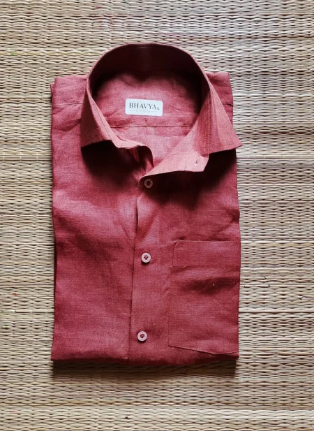 Terracotta Brick Red Pure Handloom Linen Full-Sleeve Casual Shirt for Men By Bhavyaloom